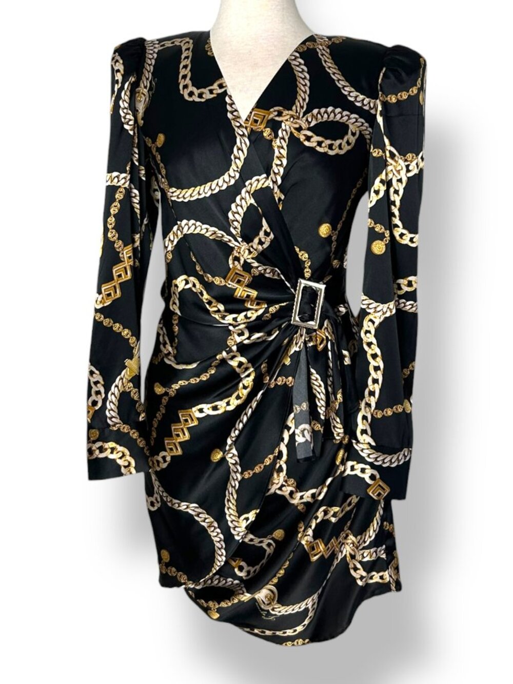 L'agence Clarice Wrap Dress Black Stretch Silk Charmeuse Gold Chain Sz 4